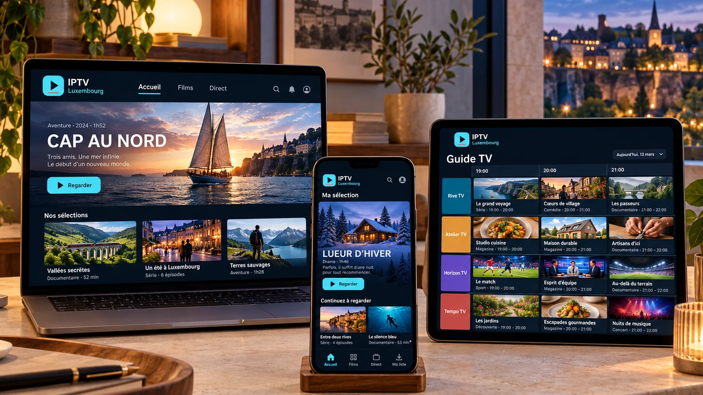 Trois appareils présentant des interfaces fictives pour illustrer un guide d’installation.