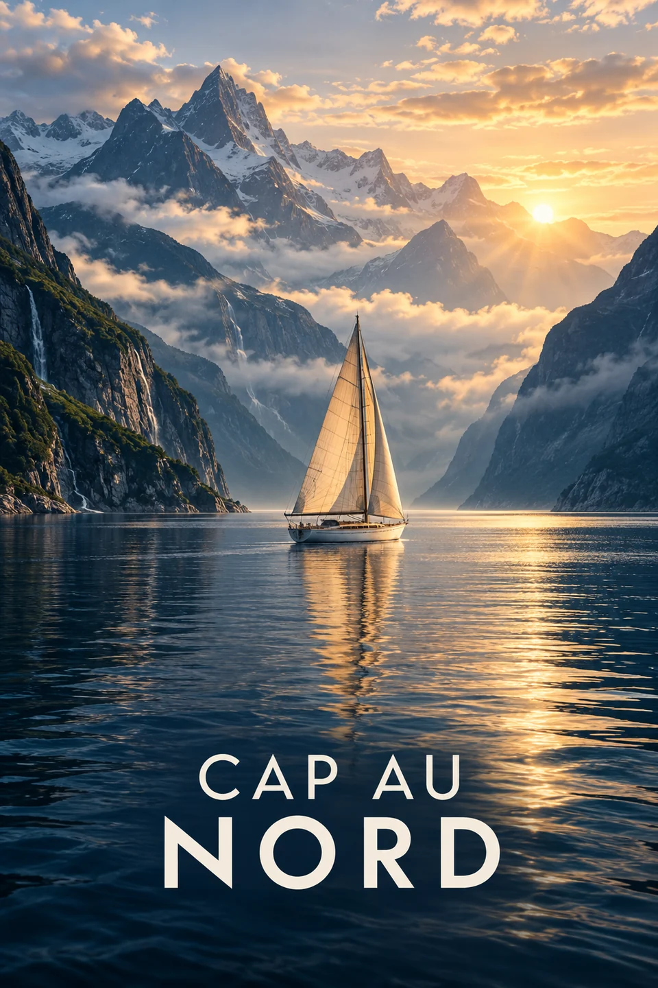 Affiche originale Cap au Nord : un voilier entre des montagnes au lever du soleil.