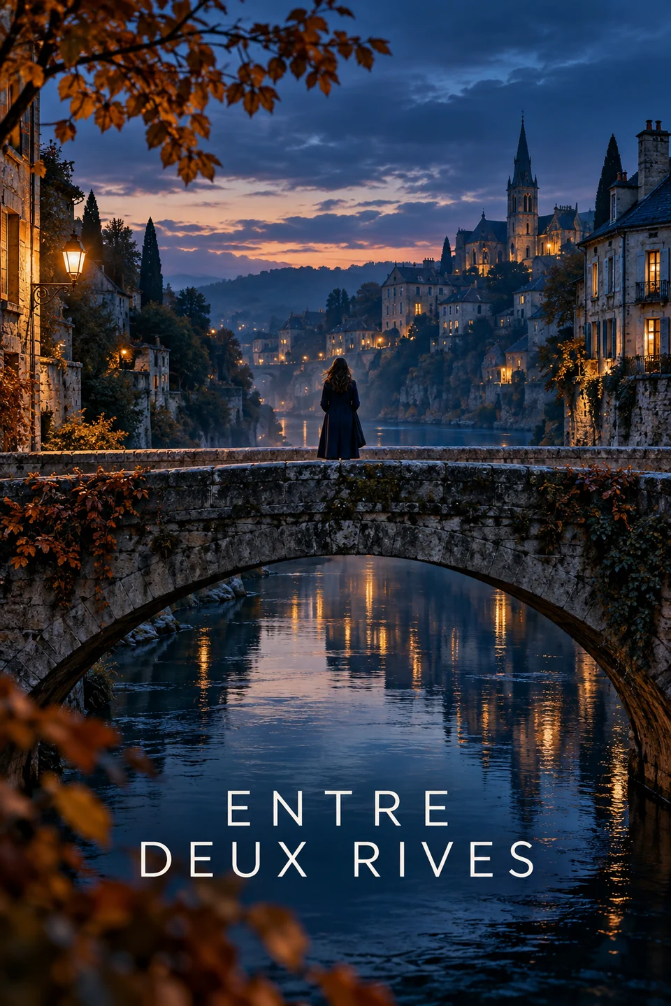 Affiche originale Entre deux rives : une silhouette sur un pont au crépuscule.