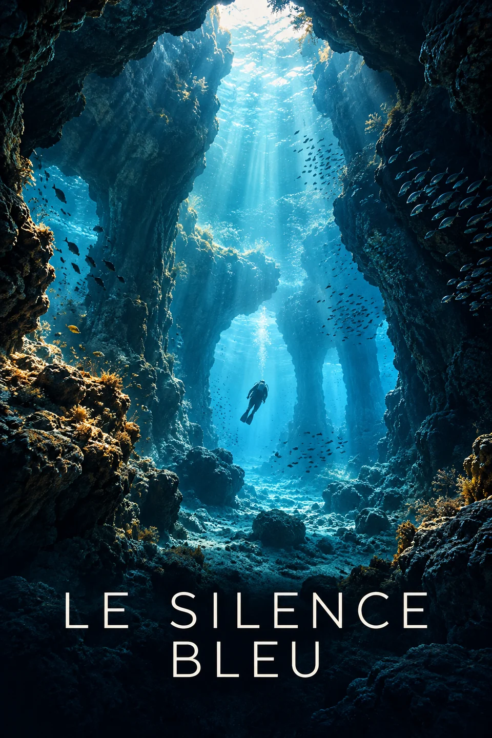Affiche originale Le Silence bleu : un plongeur dans une grotte sous-marine.