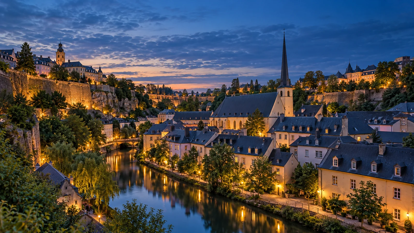 Vue illustrative inspirée du quartier du Grund au Luxembourg, à la tombée du jour.