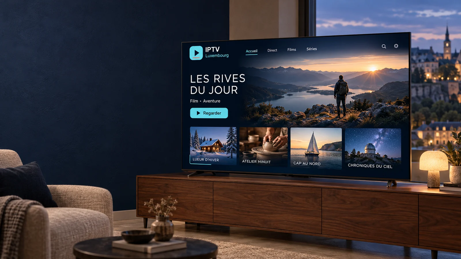 Téléviseur affichant une sélection fictive de films dans un salon contemporain.