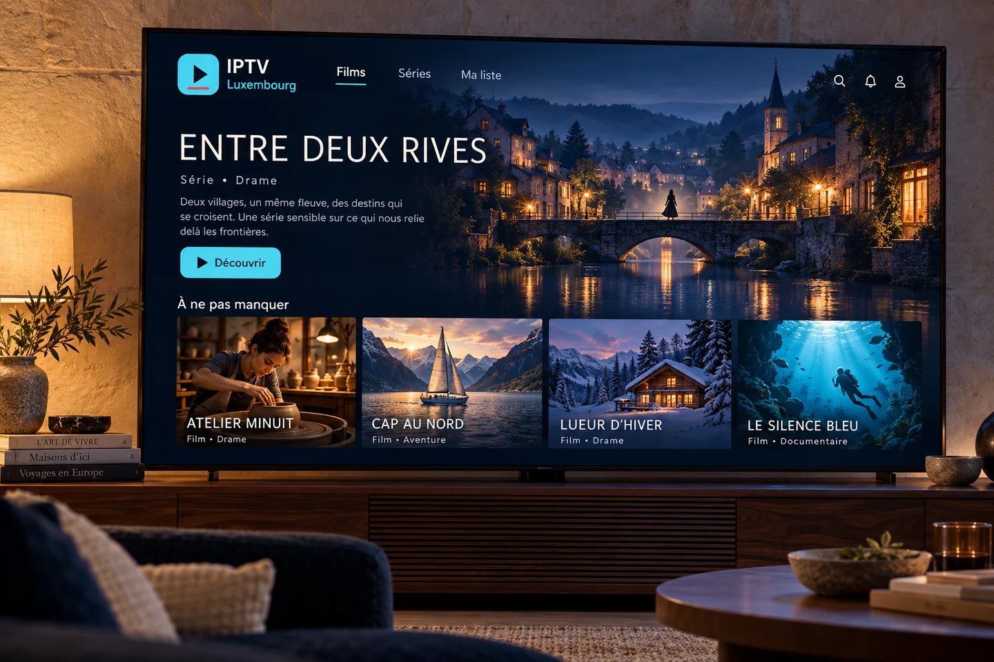 Interface de cinéma fictive sur un téléviseur, avec des affiches originales et une sélection de programmes.